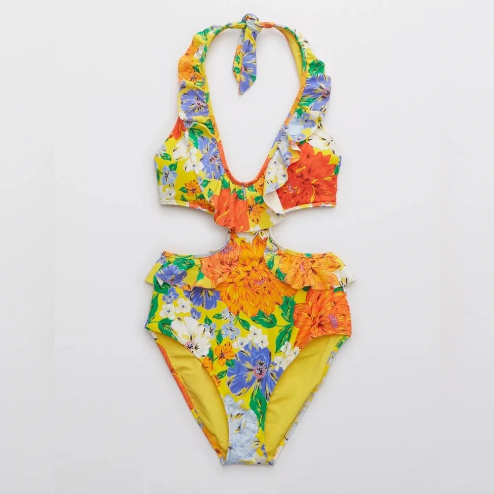NWT Aerie Floral Ruffle Halter Cut Out One Piece Swimsuit